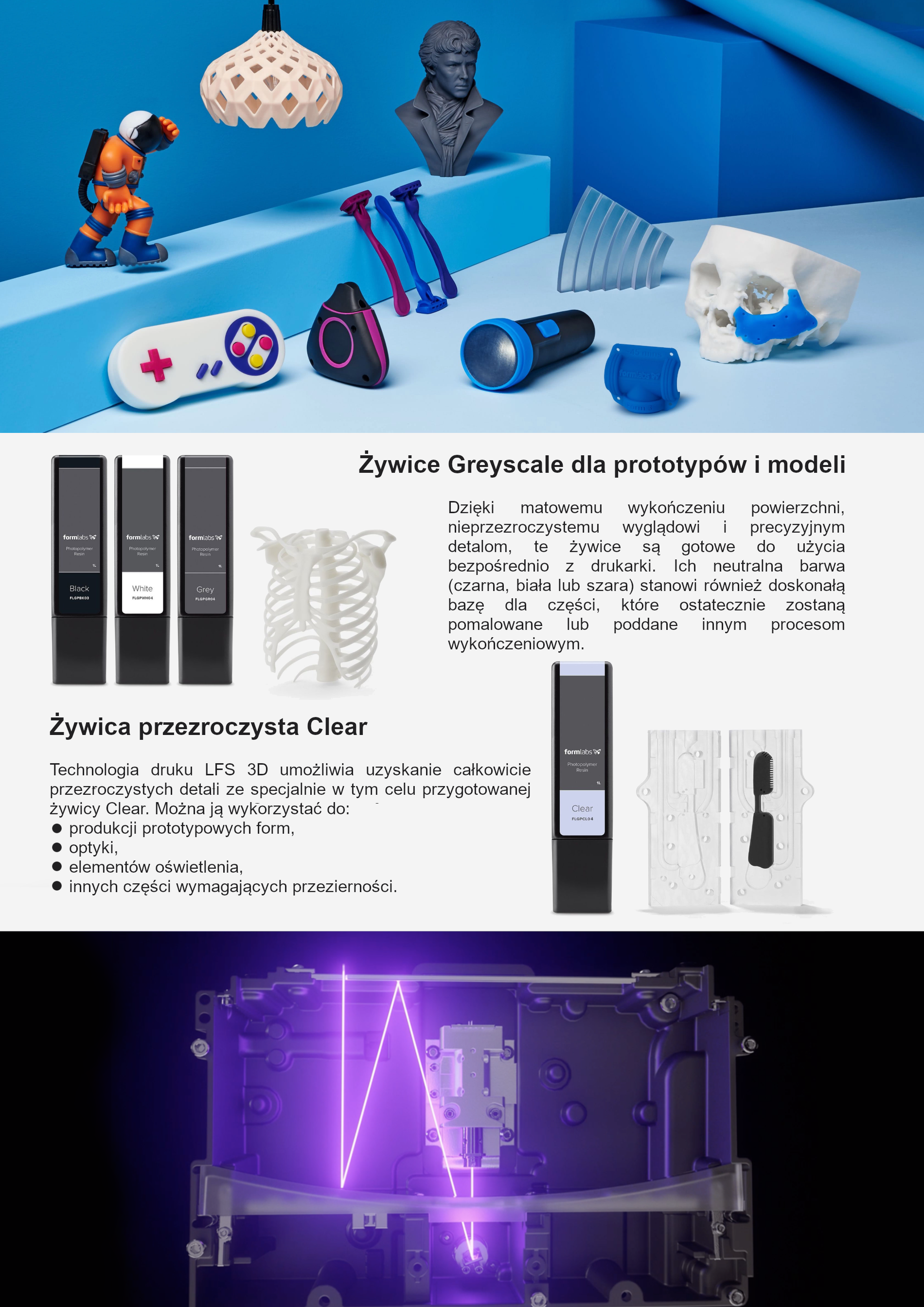 Różnorodne modele i prototypy wydrukowane w technologii 3D z żywic Formlabs, w tym figurka astronauty, popiersie, kontroler do gier, latarka, czaszka, szkielet klatki piersiowej oraz przezroczyste...