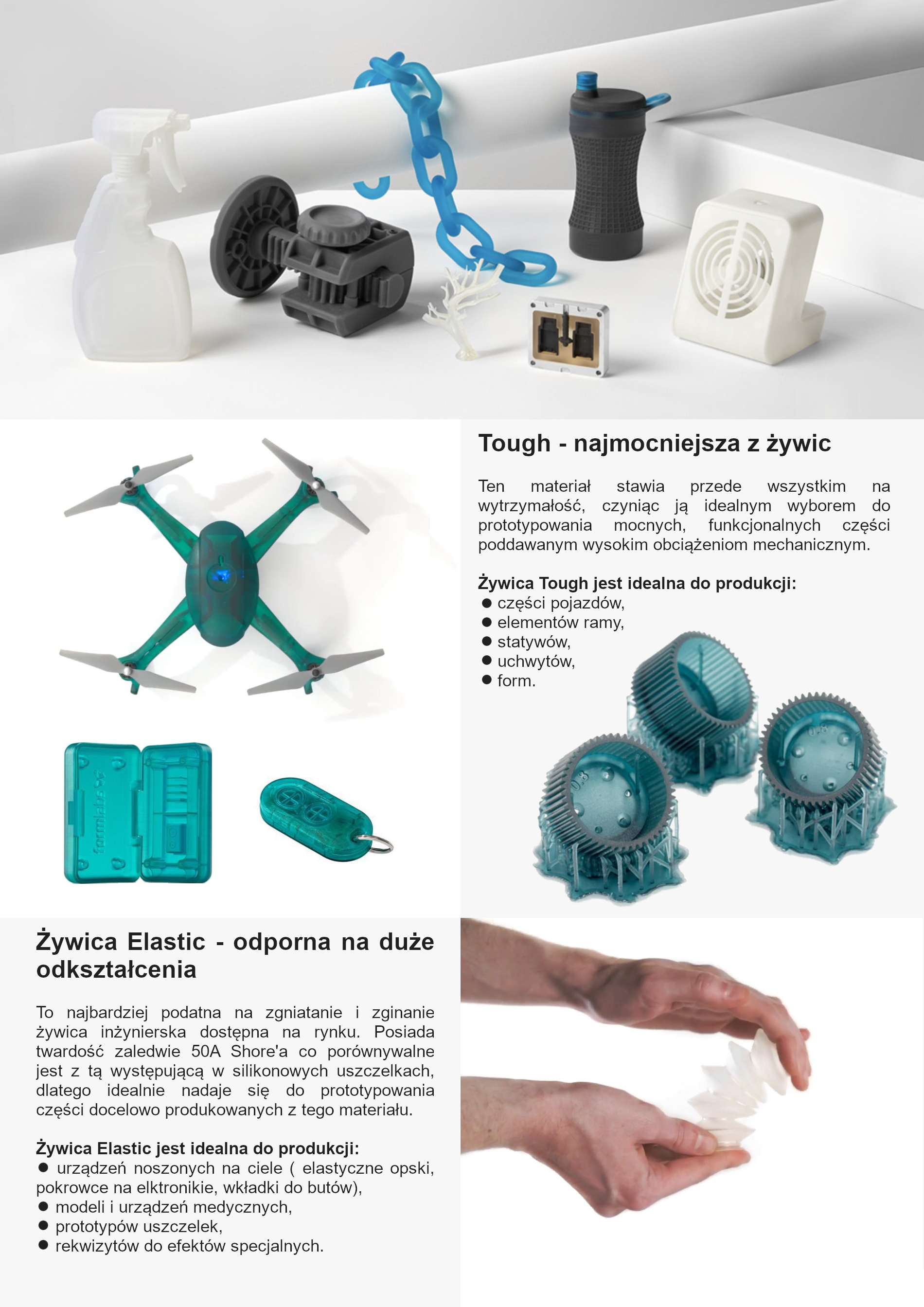 Różnorodne prototypy wykonane z żywic: biały spryskiwacz, szary uchwyt, niebieski łańcuch, przezroczysta miniatura drzewa, srebrna obudowa, czarna butelka, biały wentylator, zielony dron...