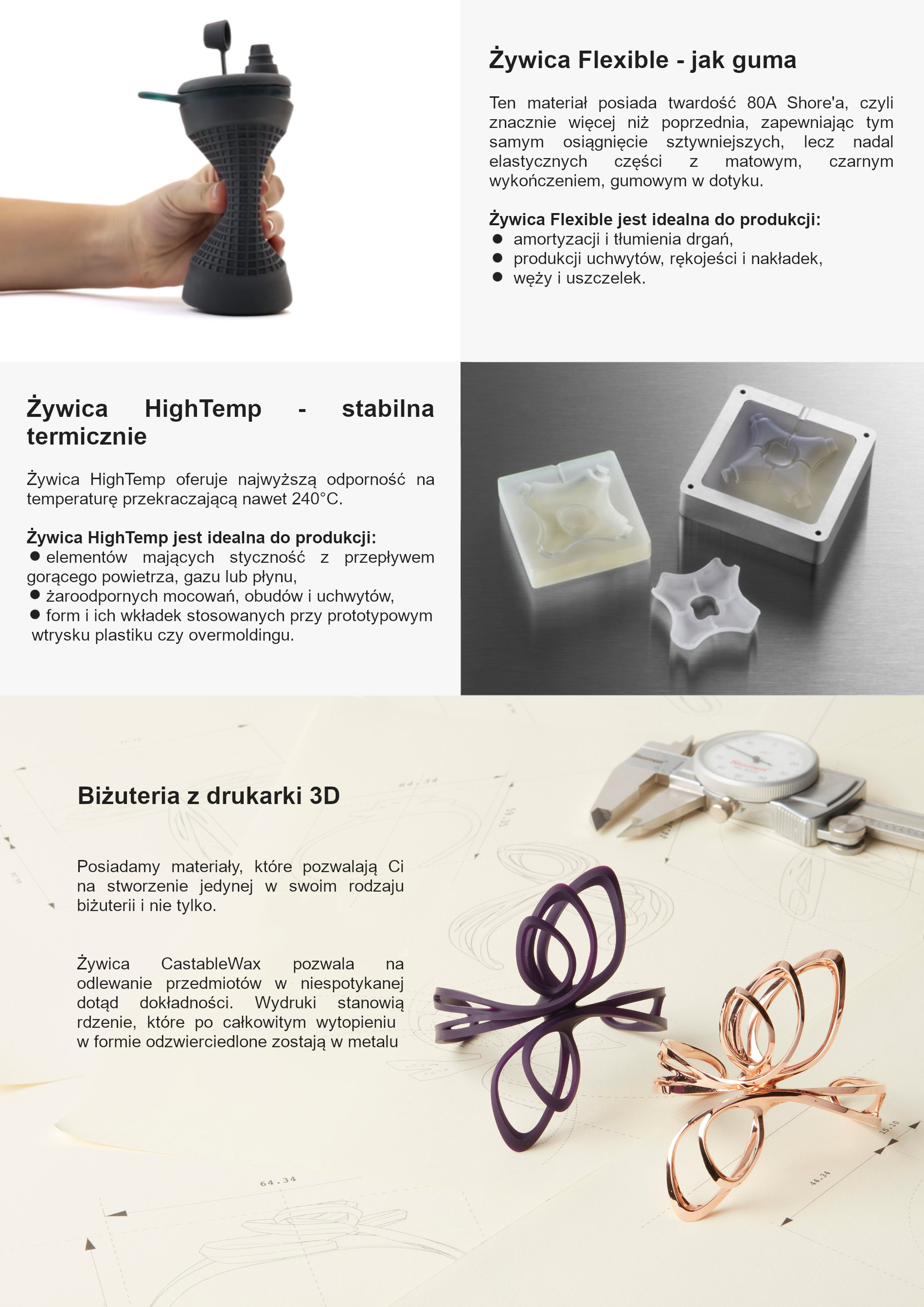 Prezentacja elastycznej, czarnej żywicy w formie prototypowego uchwytu trzymanego w dłoni, obok opisy żywic HighTemp i CastableWax oraz przykłady wydruków 3D biżuterii i form.