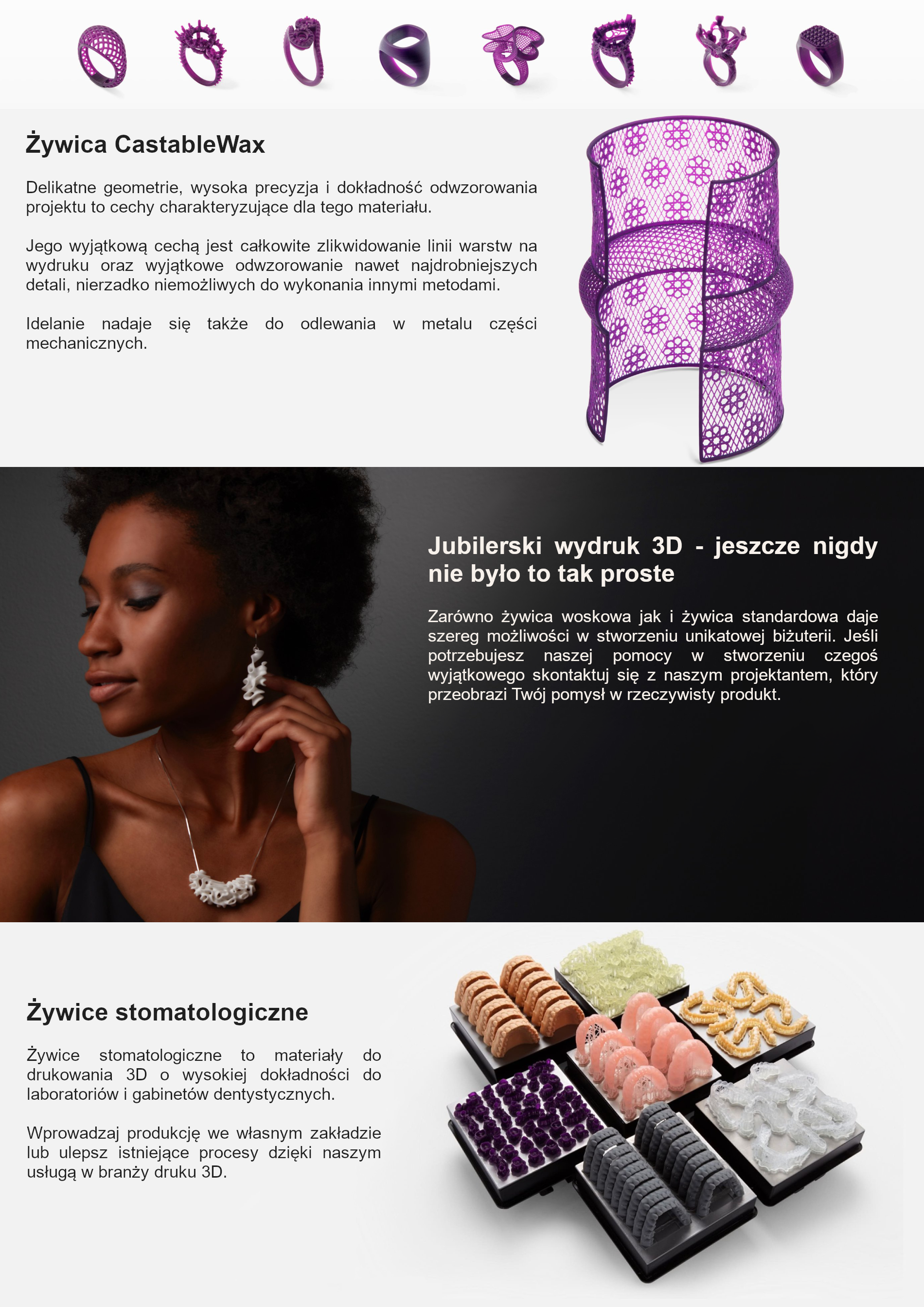 Kolaż prezentujący wydruki 3D z żywicy: pierścionki w różnych wzorach i ażurowa bransoletka w kolorze fioletowym, kobieta z naszyjnikiem i kolczykami z białego tworzywa, oraz modele dentystyczne...