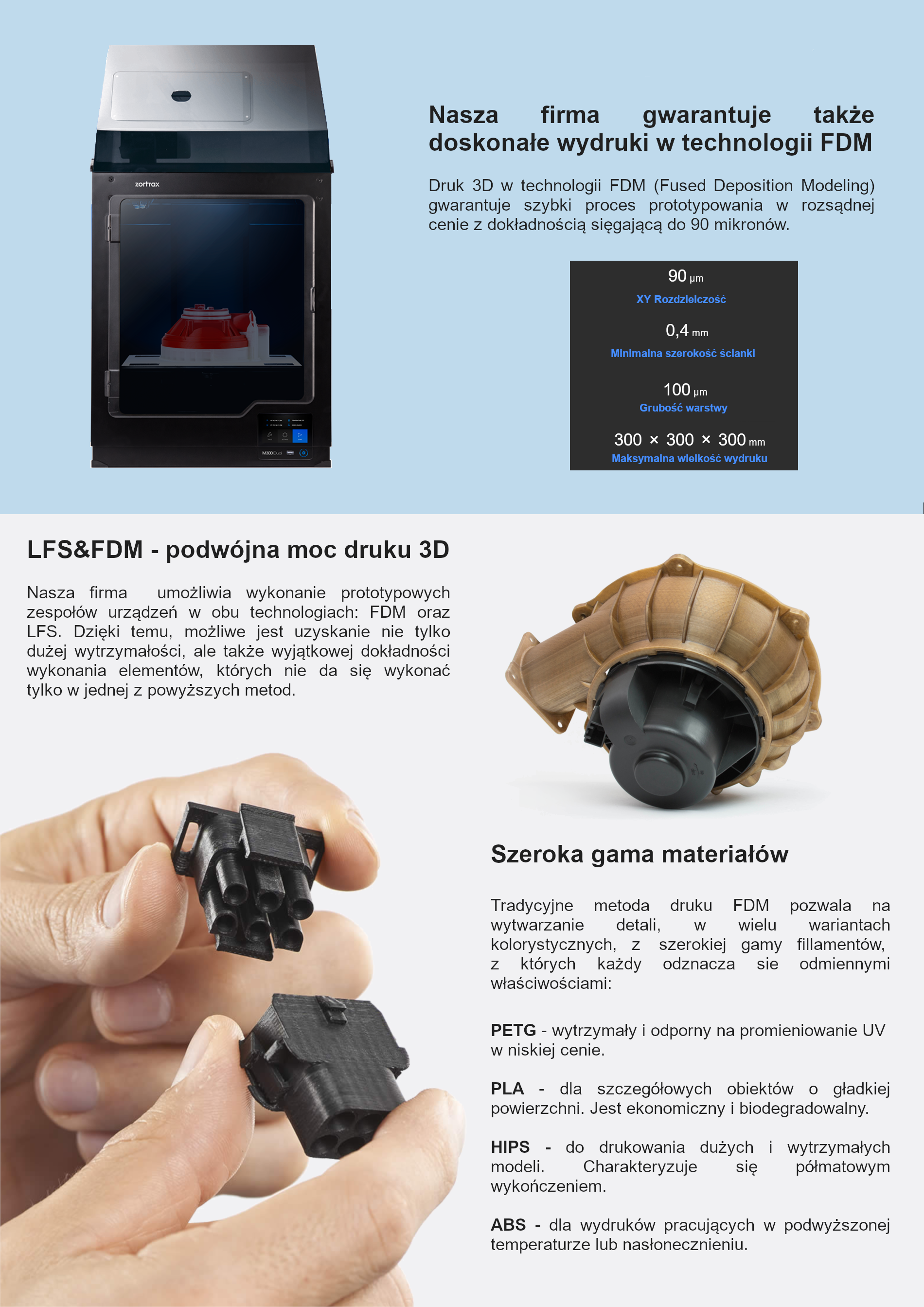 Drukarka 3D Zortrax M300 Dual z widocznym wydrukiem prototypu w komorze, obok informacje o technologii FDM i materiałach PETG, PLA, HIPS, ABS.
