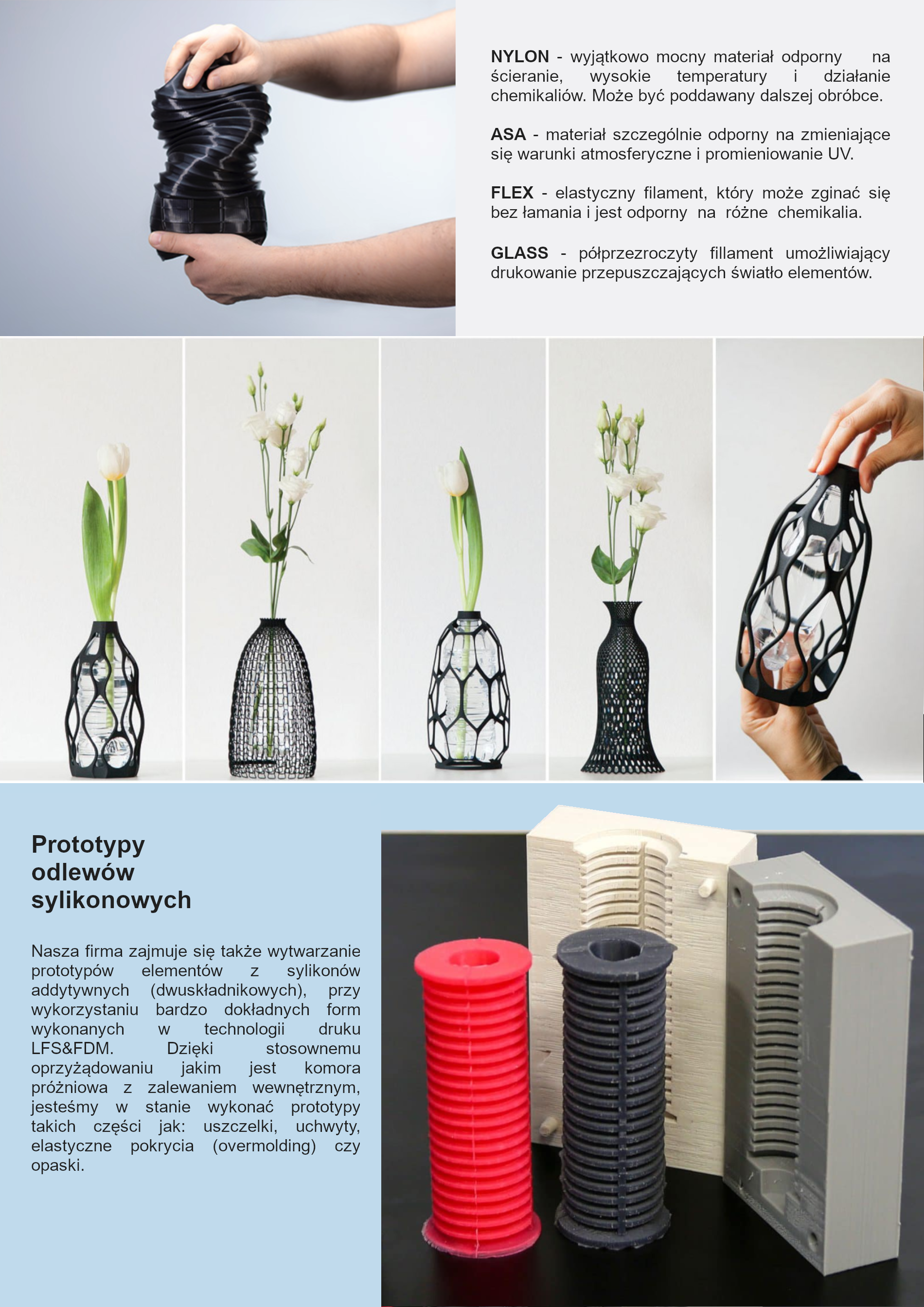 Przykłady prototypów wykonanych techniką druku 3D z różnych materiałów: elastyczny czarny element ściskany w dłoniach, ażurowe wazony z kwiatami, czerwony i czarny cylinder oraz forma odlewnicza.