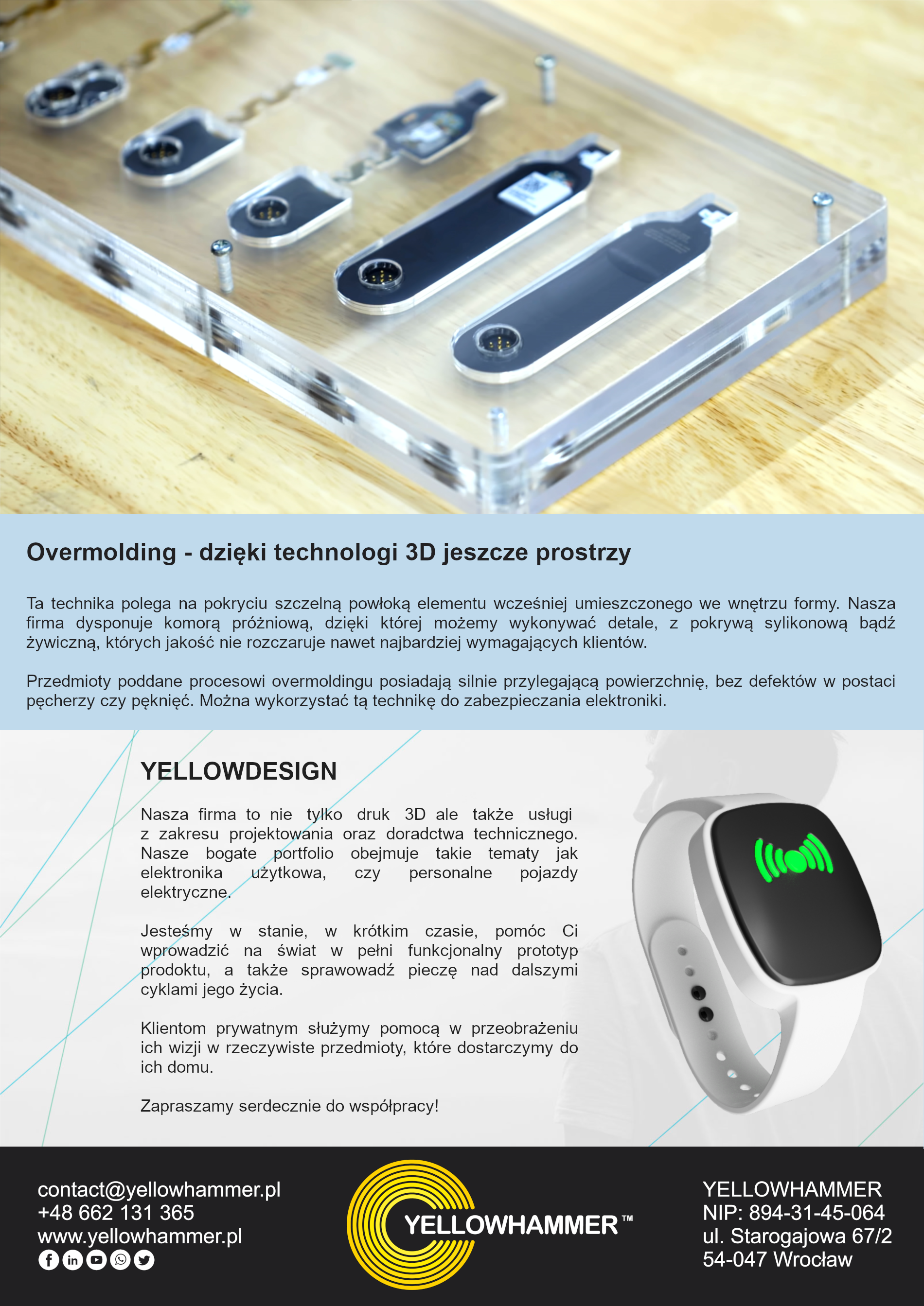 Przezroczysta forma z akrylu z kilkoma zatopionymi, czarnymi elementami elektronicznymi z widocznymi złączami, przykręcona śrubami do drewnianej podstawy.