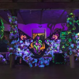 Scena udekorowana fluorescencyjnymi kwiatami i geometrycznymi wzorami podświetlona fioletowym światłem, z centralnym motywem węża z okiem, całość tworzy psychodeliczny klimat imprezy.