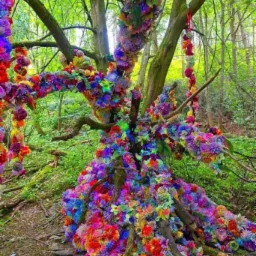 Drzewo w lesie ozdobione girlandami z kolorowych, sztucznych kwiatów, tworzące barwną instalację artystyczną.
