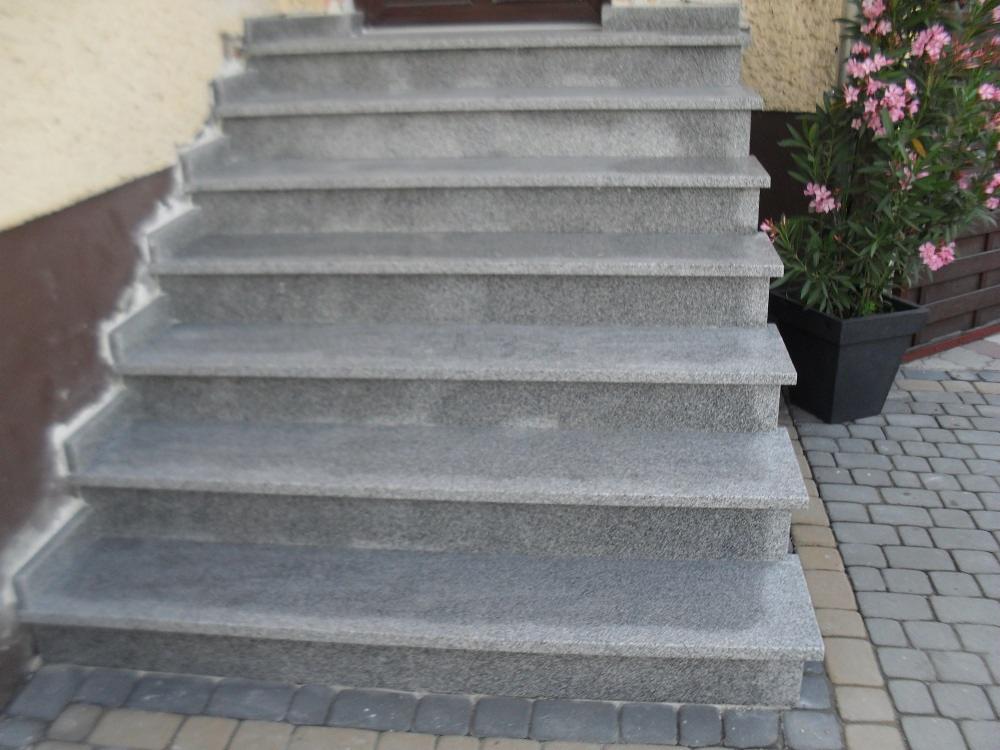 Zewnętrzne schody z szarego kamienia prowadzące do drzwi wejściowych, obok donica z kwitnącym krzewem.