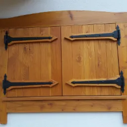 Drewniane okiennice w kolorze miodowym z czarnymi, kutymi zawiasami, zamontowane na białej ścianie.