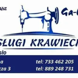 Wizytówka firmy Ga-betka Beata Łukasz Gałuszka oferującej usługi krawieckie, z adresem w Jaśle i numerami telefonów, ozdobiona stylizowaną grafiką maszyny do szycia.