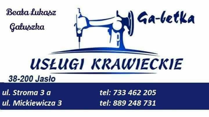 Wizytówka firmy Ga-betka Beata Łukasz Gałuszka oferującej usługi krawieckie, z adresem w Jaśle i numerami telefonów, ozdobiona stylizowaną grafiką maszyny do szycia.