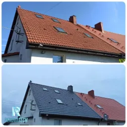 Zdjęcie przedstawia dom przed i po renowacji dachu. Górna część pokazuje dach pokryty czerwoną dachówką, natomiast dolna część prezentuje ten sam dach po renowacji, pokryty szarą dachówką. Widoczne...