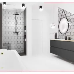 Nowoczesna łazienka z heksagonalnymi płytkami, czarną armaturą i minimalistycznymi lustrami. Biała wanna i pralka dopełniają aranżację.