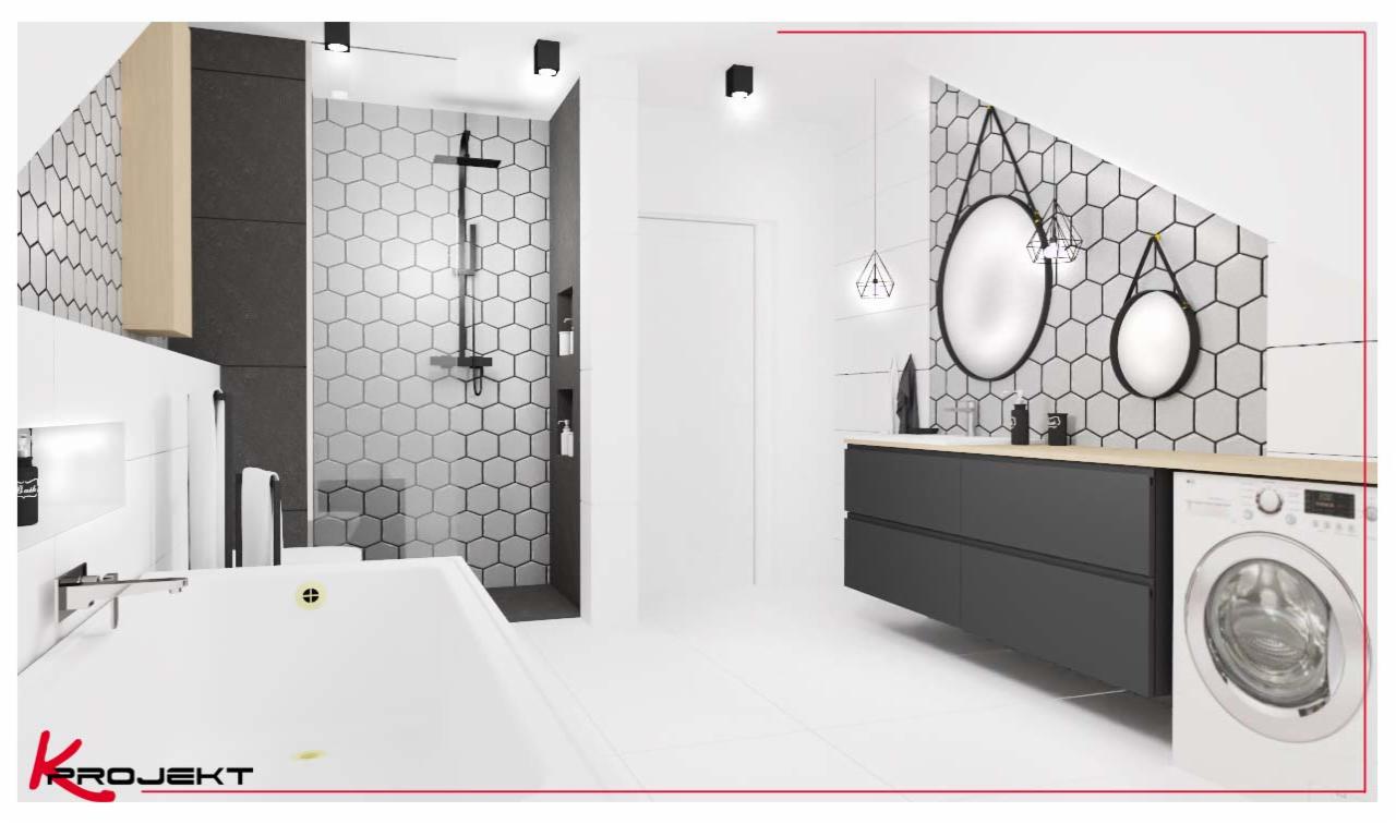 Nowoczesna łazienka z heksagonalnymi płytkami, czarną armaturą i minimalistycznymi lustrami. Biała wanna i pralka dopełniają aranżację.