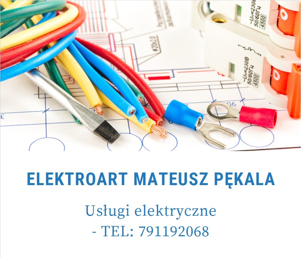 Kolorowe przewody elektryczne, końcówki kablowe, wyłącznik nadprądowy i płaski śrubokręt na tle schematu elektrycznego oraz nazwy firmy ELEKTROART MATEUSZ PĘKALA i numeru telefonu.