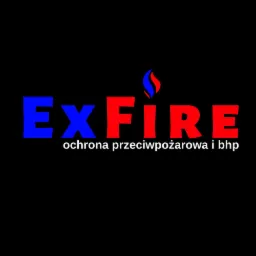Logo firmy EXFIRE z niebieskim napisem 'EX' i czerwonym 'FIRE', nad którym znajduje się płomień w kolorach niebieskim i czerwonym, a pod nim biały napis 'ochrona przeciwpożarowa i bhp' na czarnym tle.