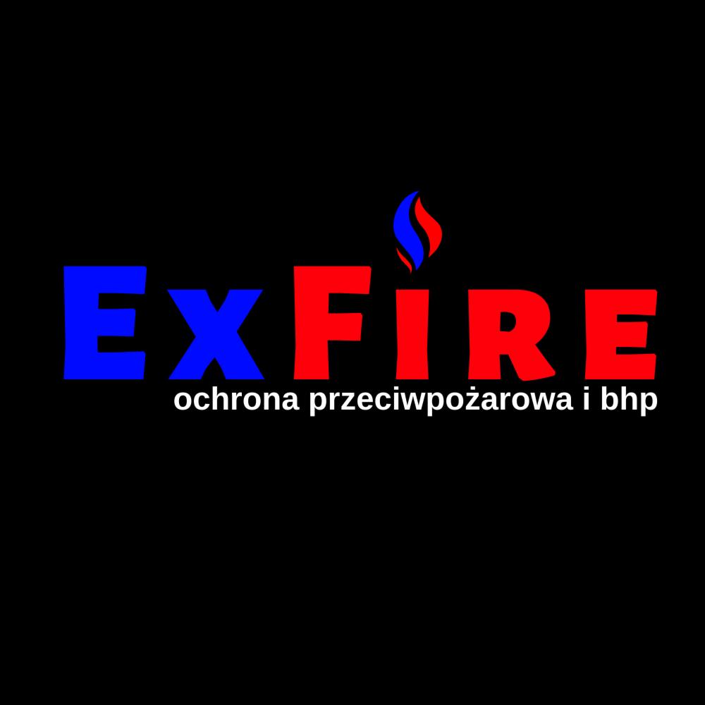 Logo firmy EXFIRE z niebieskim napisem 'EX' i czerwonym 'FIRE', nad którym znajduje się płomień w kolorach niebieskim i czerwonym, a pod nim biały napis 'ochrona przeciwpożarowa i bhp' na czarnym tle.