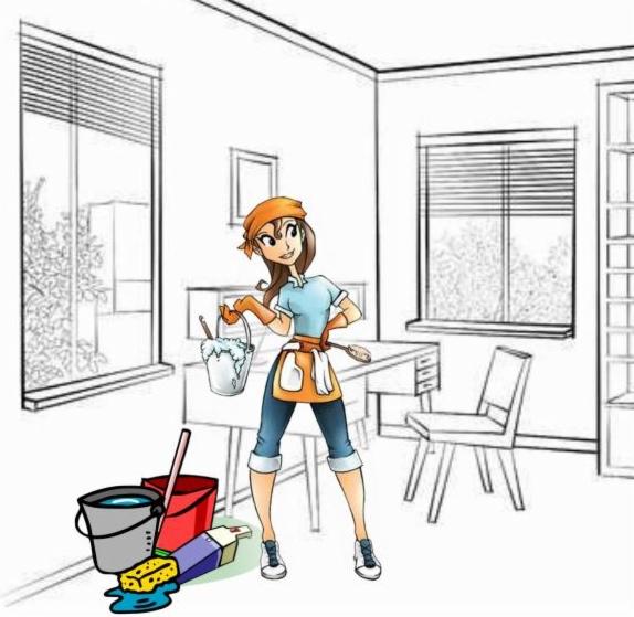 Kreskówkowa postać kobiety w fartuchu sprzątającej pokój z oknami, z wiadrem, mopem i gąbką do mycia.