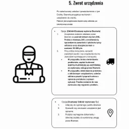 Czarno-biała ikona przedstawiająca kuriera trzymającego paczkę z symbolem uszkodzenia, ilustrująca procedurę zwrotu urządzenia po usłudze, z tekstem informującym o możliwości sprawdzenia zawartości...