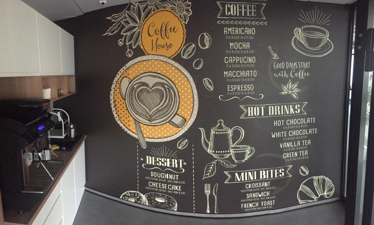 Ściana kawiarni z ręcznie malowanym menu kaw, deserów i przekąsek w stylu tablicowym, obok ekspres do kawy.