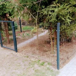 Nowoczesne ogrodzenie panelowe z furtką, otaczające trawnik z młodymi drzewami iglastymi i ścieżką z kostki.