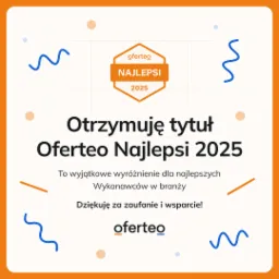 Grafika z pomarańczową ramką, informująca o otrzymaniu tytułu Oferteo Najlepsi 2025, z podziękowaniem za zaufanie i wsparcie, ozdobiona niebieskimi falami i pomarańczowymi kropkami.