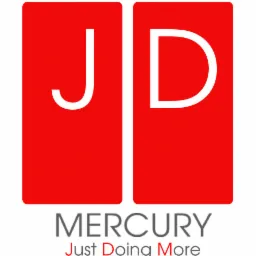Logo firmy JD Mercury z hasłem Just Doing More, na białym tle, czerwone kwadraty z białymi literami J i D.
