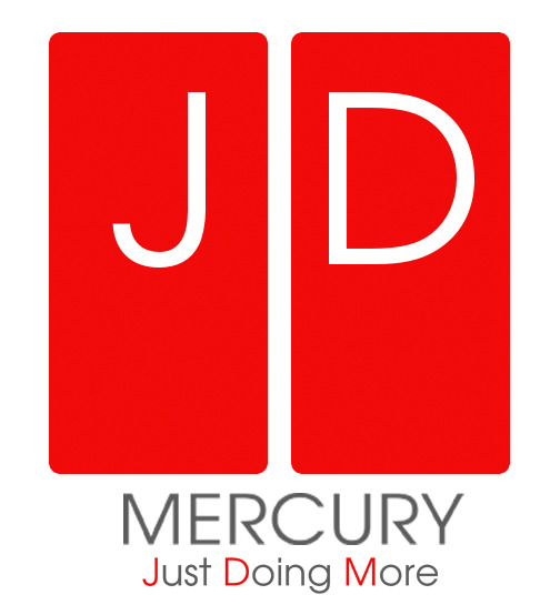 Logo firmy JD Mercury z hasłem Just Doing More, na białym tle, czerwone kwadraty z białymi literami J i D.