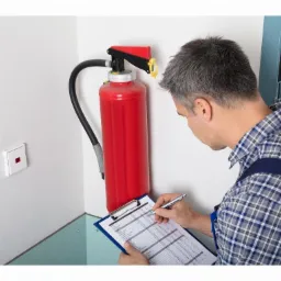 Mężczyzna w koszuli w kratę i kombinezonie sprawdza stan czerwonej gaśnicy przy ścianie, wypełniając formularz na niebieskim clipboardzie.