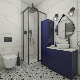 Projektowanie Wnętrz Kinga Zielinska - Nowoczesna łazienka z kabiną prysznicową typu walk-in, umywalką nablatową na szafce w kolorze granatowym, okrągłym lustrem z czarnym paskiem i wzorzystą podłogą z płytek.