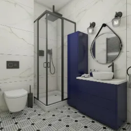 Nowoczesna łazienka z kabiną prysznicową typu walk-in, umywalką nablatową na szafce w kolorze granatowym, okrągłym lustrem z czarnym paskiem i wzorzystą podłogą z płytek.