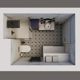 Projektowanie Wnętrz Kinga Zielinska - Rzut z góry na wizualizację łazienki z kabiną prysznicową, toaletą, umywalką i wanną w minimalistycznym stylu, z wzorzystą podłogą i marmurowymi ścianami.