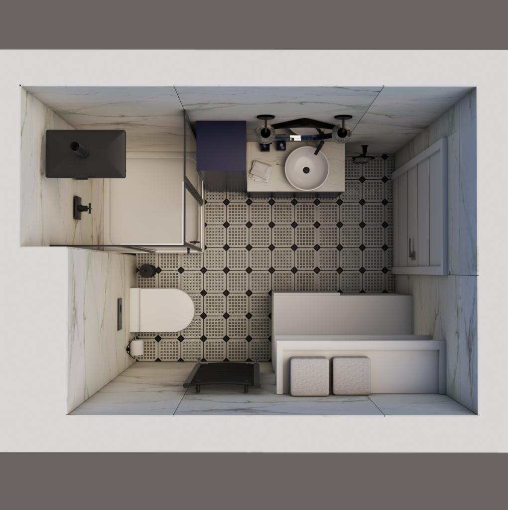 Rzut z góry na wizualizację łazienki z kabiną prysznicową, toaletą, umywalką i wanną w minimalistycznym stylu, z wzorzystą podłogą i marmurowymi ścianami.