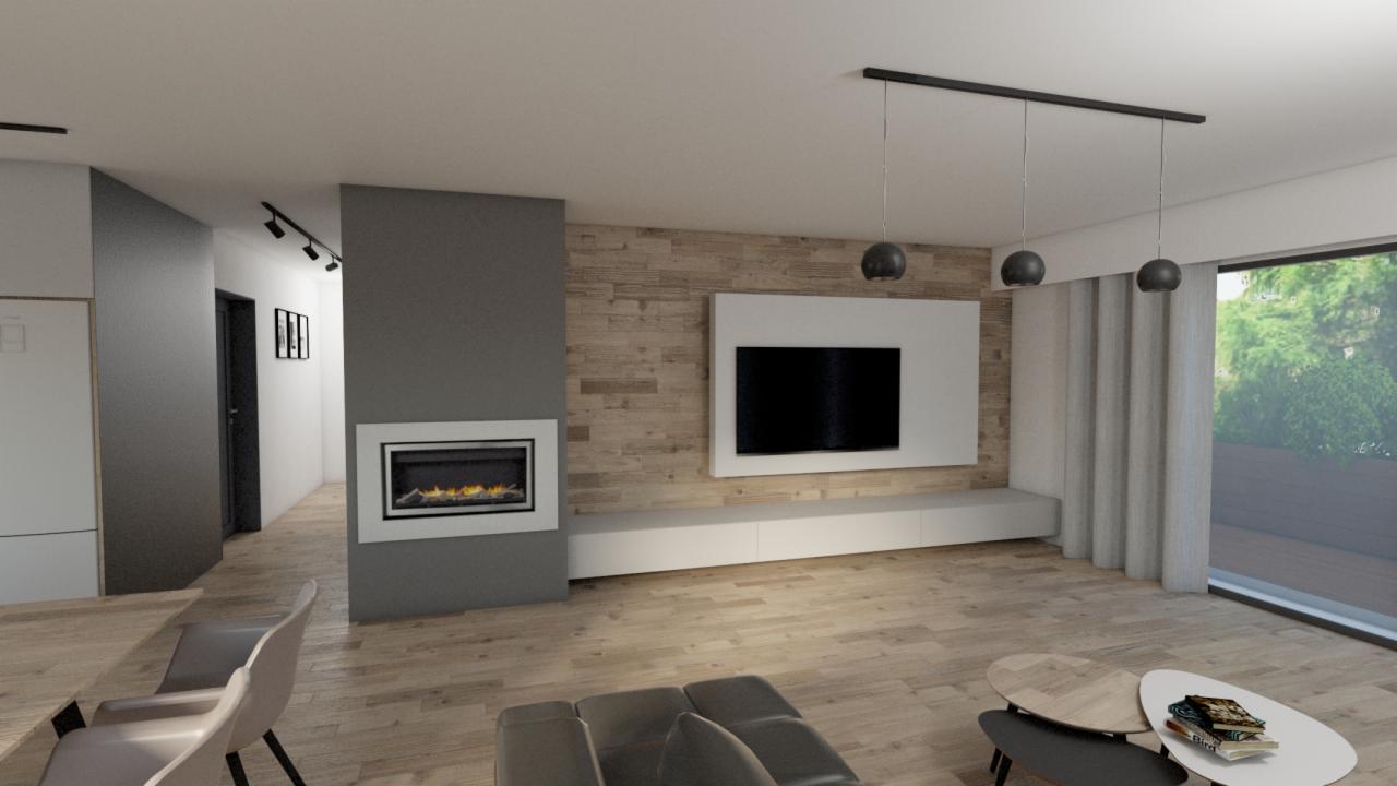 Wizualizacja salonu z kominkiem, drewnianą ścianą TV, podwieszanymi lampami i dużym oknem z widokiem na zieleń.