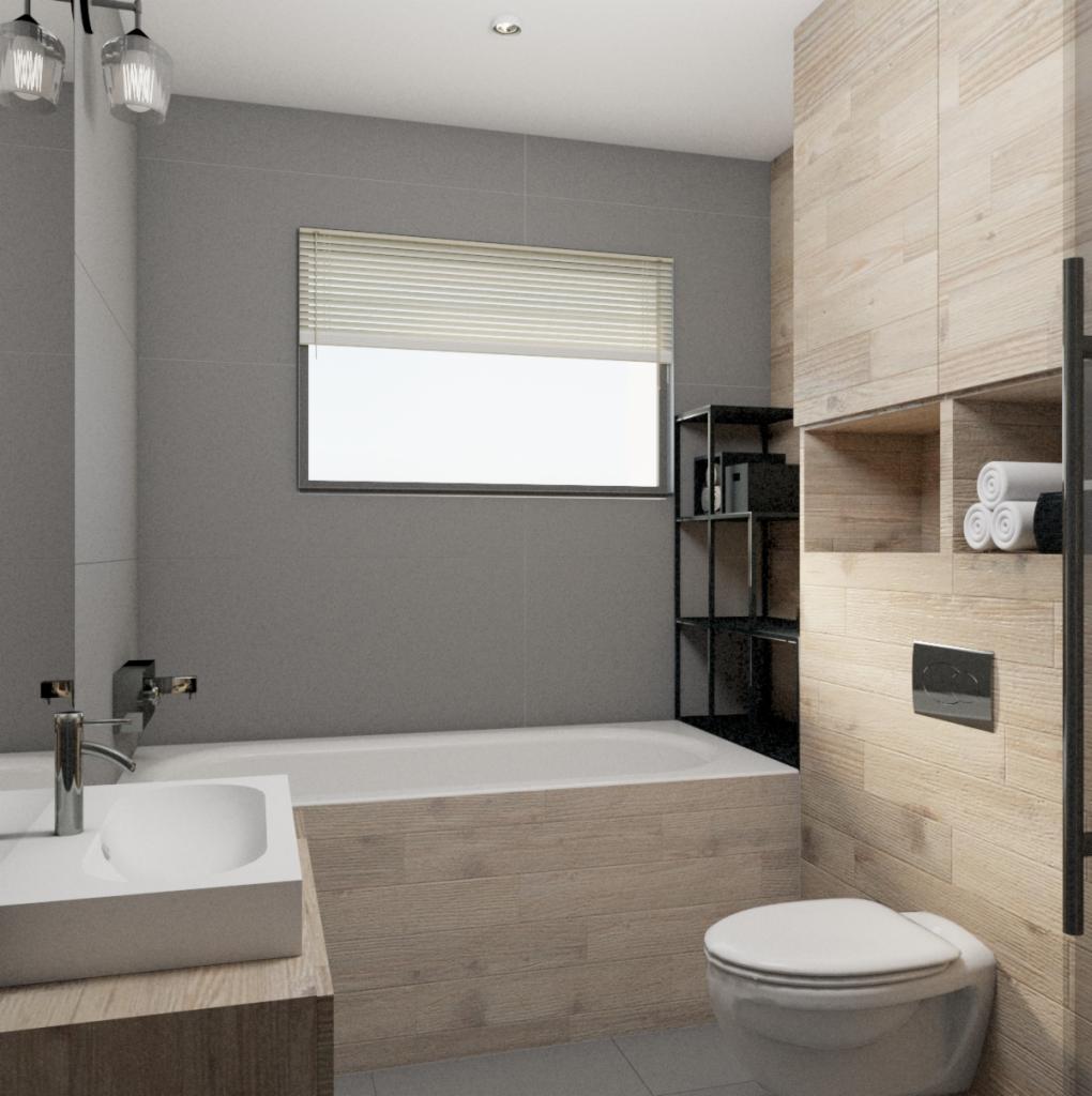 Wizualizacja łazienki z wanną obudowaną drewnopodobnymi płytkami, umywalką nablatową i toaletą wiszącą. Na ścianie półka z ręcznikami i czarny regał.