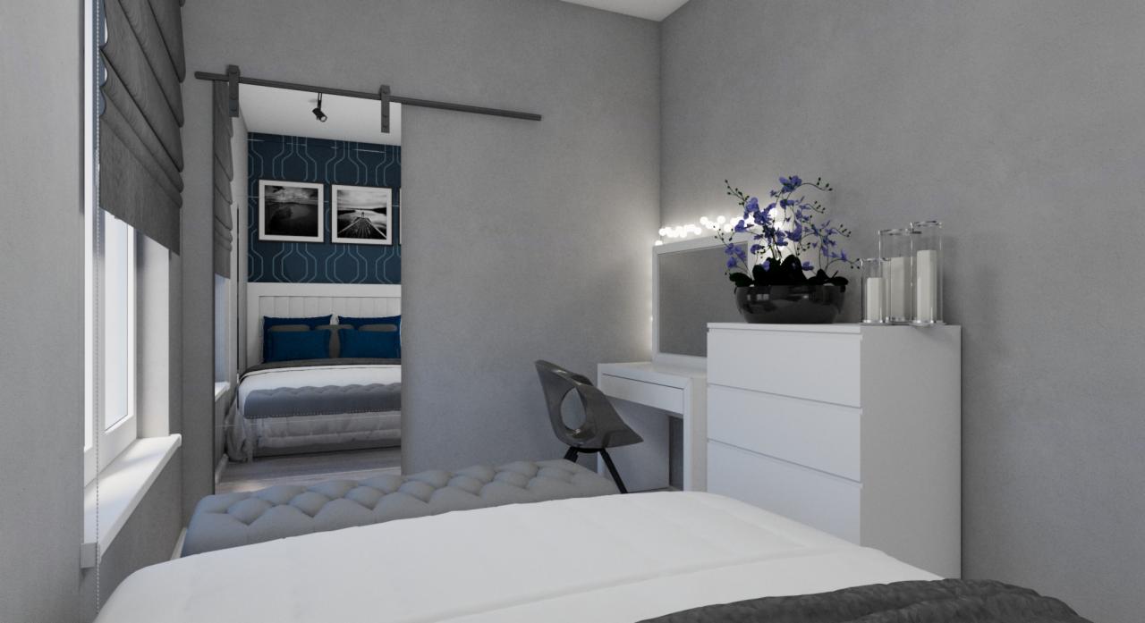 Wizualizacja sypialni w odcieniach szarości z łóżkiem, toaletką z oświetleniem LED, szarym pufem i widokiem na drugie łóżko przez przesuwne drzwi.