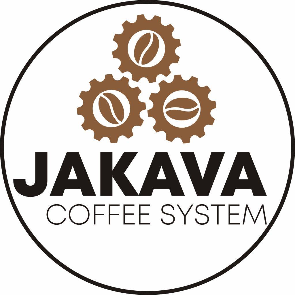 Logo firmy JAKAVA Coffee System z trzema zębatkami w kolorze kawy, w których umieszczono ziarna kawy, całość otoczona czarnym okręgiem.