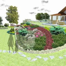 Wizualizacja ogrodu z tarasowym układem roślin, kamienną ścieżką i nowoczesnym domem w tle.