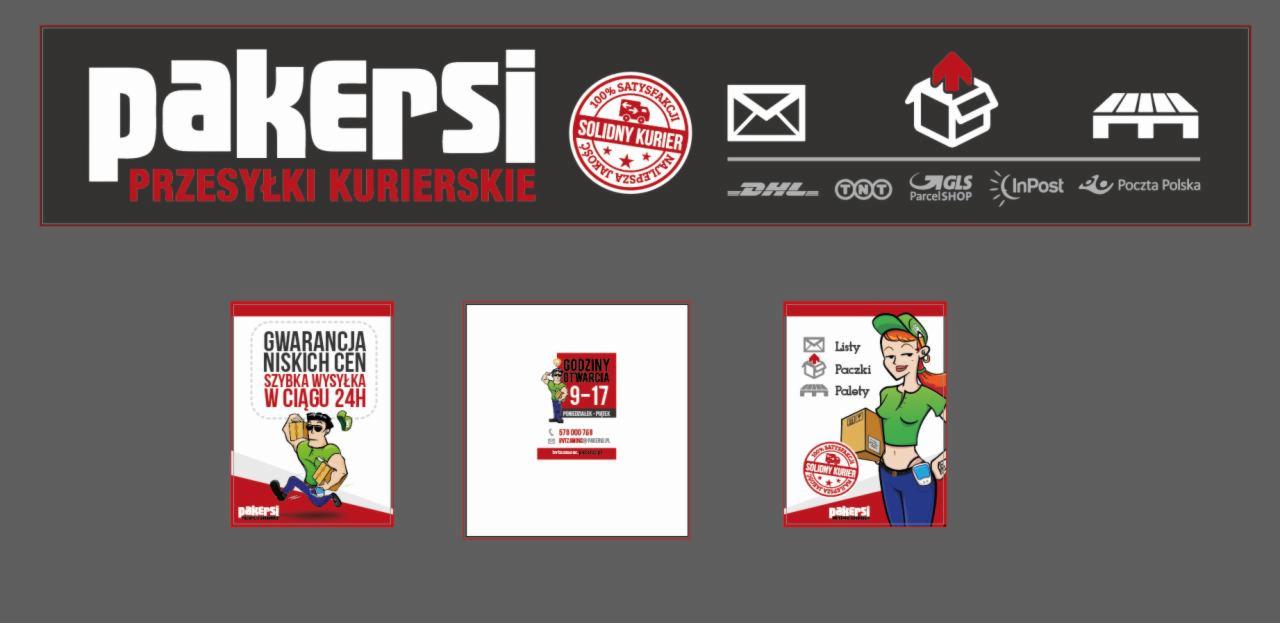 Grafika reklamowa firmy kurierskiej Pakersi z logo, ikonami usług (listy, paczki, palety), logotypami partnerów (DHL, TNT, GLS, InPost, Poczta Polska), gwarancją niskich cen i szybkiej wysyłki...