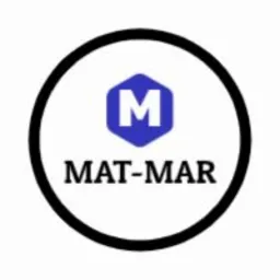 Okrągłe logo firmy MAT-MAR z niebieskim sześciokątem zawierającym literę M, otoczone czarną obwódką.