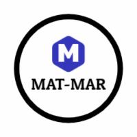 Okrągłe logo firmy MAT-MAR z niebieskim sześciokątem zawierającym literę M, otoczone czarną obwódką.