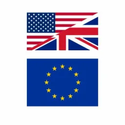 Kombinacja flag USA, Wielkiej Brytanii i Unii Europejskiej, symbolizująca potencjalne tłumaczenia między tymi regionami.