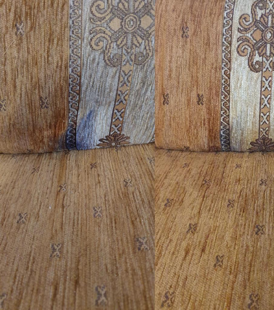 Porównanie: fragment brudnej, brązowo-beżowej kanapy z wzorem kwiatowym i geometrycznym przed (po lewej) i po (po prawej) czyszczeniu, widoczne wyraźne usunięcie plamy.