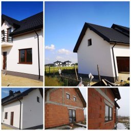 Krishome - Kolaż przedstawiający różne etapy prac wykończeniowych domu jednorodzinnego: od surowej cegły z zamontowanymi oknami, po białą, otynkowaną elewację z ciemnym dachem i rynnami, na tle błękitnego nieba.