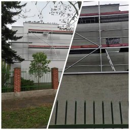 Krishome - Dwuczęściowe ujęcie elewacji budynku w trakcie prac: po lewej stronie rusztowanie na tle jasnej, gładkiej elewacji, po prawej szara, surowa ściana z widocznym rusztowaniem i fragmentem...