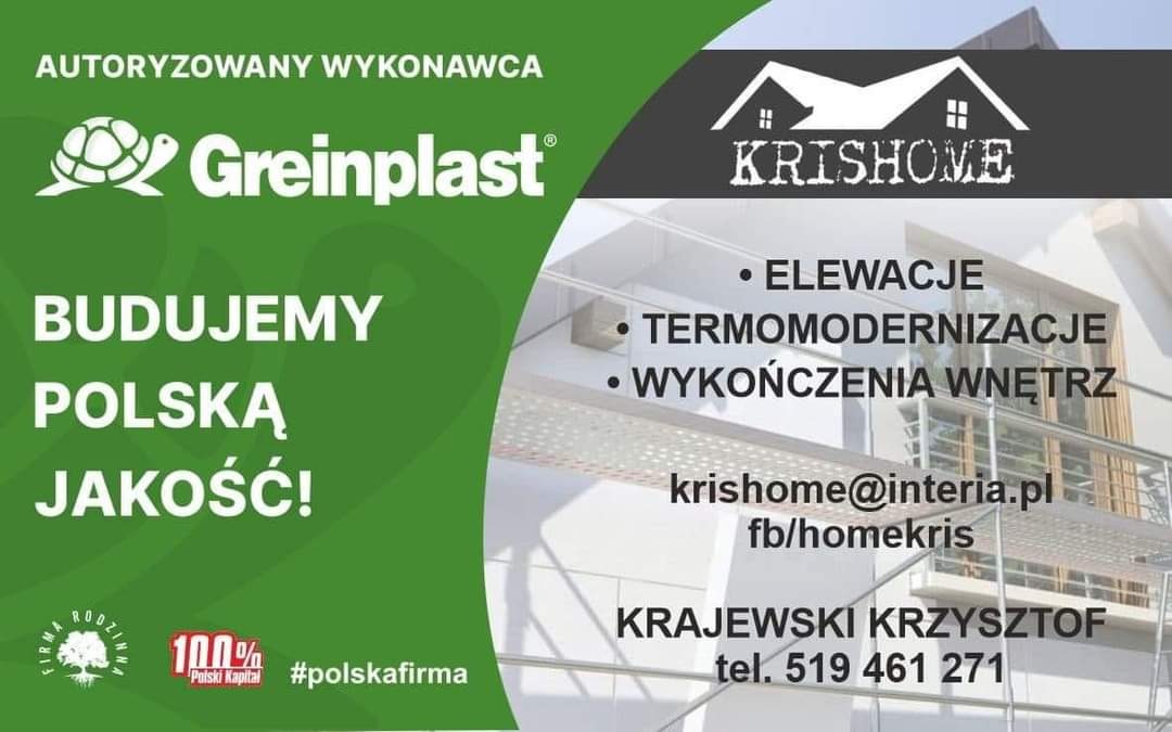 Reklama firmy budowlanej KrishoMe z logo, hasłem 'Budujemy Polską Jakość!', danymi kontaktowymi i zdjęciem elewacji w tle.