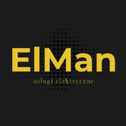 Logo firmy ElMan świadczącej usługi elektryczne, złoty napis na ciemnoszarym tle z efektem półtonów.