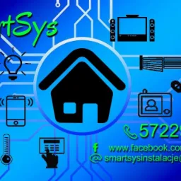 Grafika firmowa prezentująca schematycznie usługi: antena satelitarna, głośniki, żarówka, telefon, monitoring, rolety, gniazdko elektryczne, dom, termometr, centrala alarmowa, z numerem telefonu...