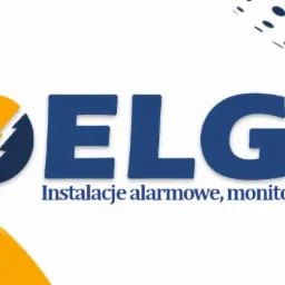 Logo firmy ELGI z niebieskim napisem, żółtym symbolem błyskawicy w okręgu i hasłem 'Instalacje alarmowe, monitoring' na białym tle z abstrakcyjnymi elementami graficznymi.