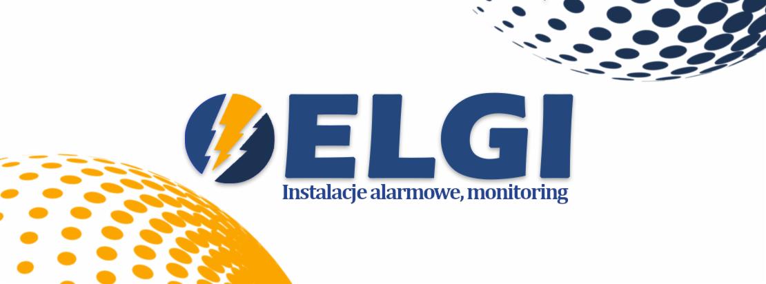 Logo firmy ELGI z niebieskim napisem, żółtym symbolem błyskawicy w okręgu i hasłem 'Instalacje alarmowe, monitoring' na białym tle z abstrakcyjnymi elementami graficznymi.