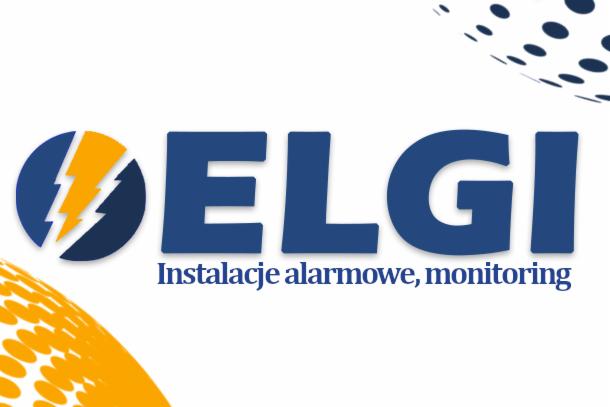 Niebiesko-żółte logo firmy ELGI z napisem 'Instalacje alarmowe, monitoring' na białym tle.