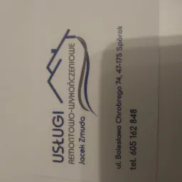 Wizytówka firmy remontowo-wykończeniowej Jacek Zmuda z adresem i numerem telefonu.